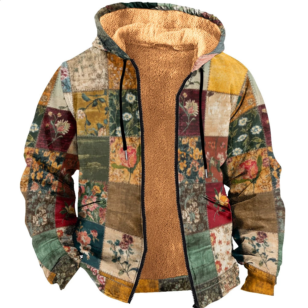 Winter mens hoodie ethnic grid printed thick wool lining cashmere blend S4XL cool casual style jacket 241213Z