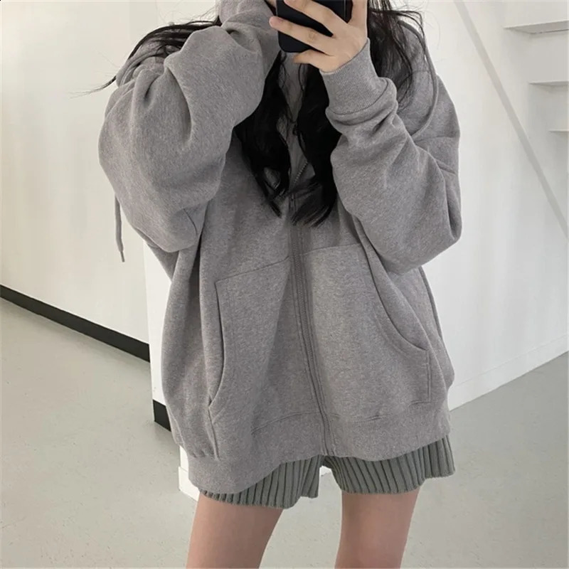 Korean Fashion Zipper Hoodie Womens Autumn Loose Long Sleeve Top Hoodie Solid Street Clothing Casual Wool Sweater 241224