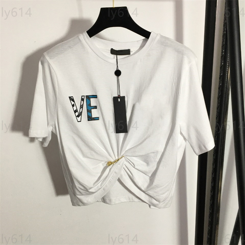 women shirt designer t shirt womens clothing 48 style tops Halo Alphabet Printed Tie Waisted Pin Out Short Sleeve crewneck tshirt summer crop top sh