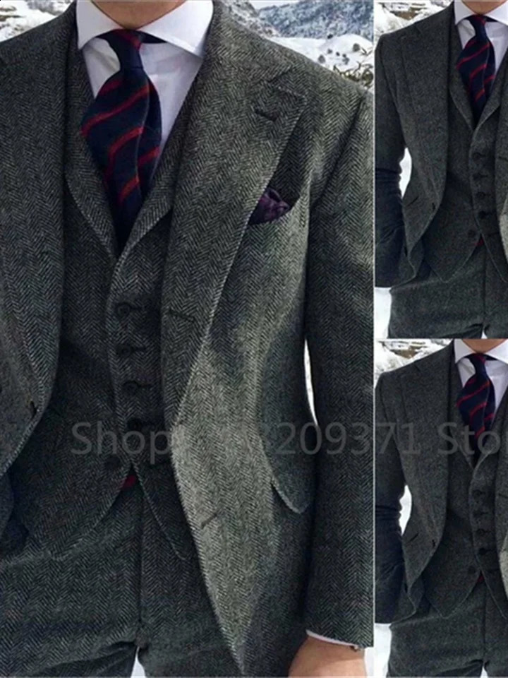 3 Piece Gray Herringbone Winter Suit for Men Wool Tweed Slim Fit Formal Groom Wedding Tuxedo Sets Business Male Suits 241223Z