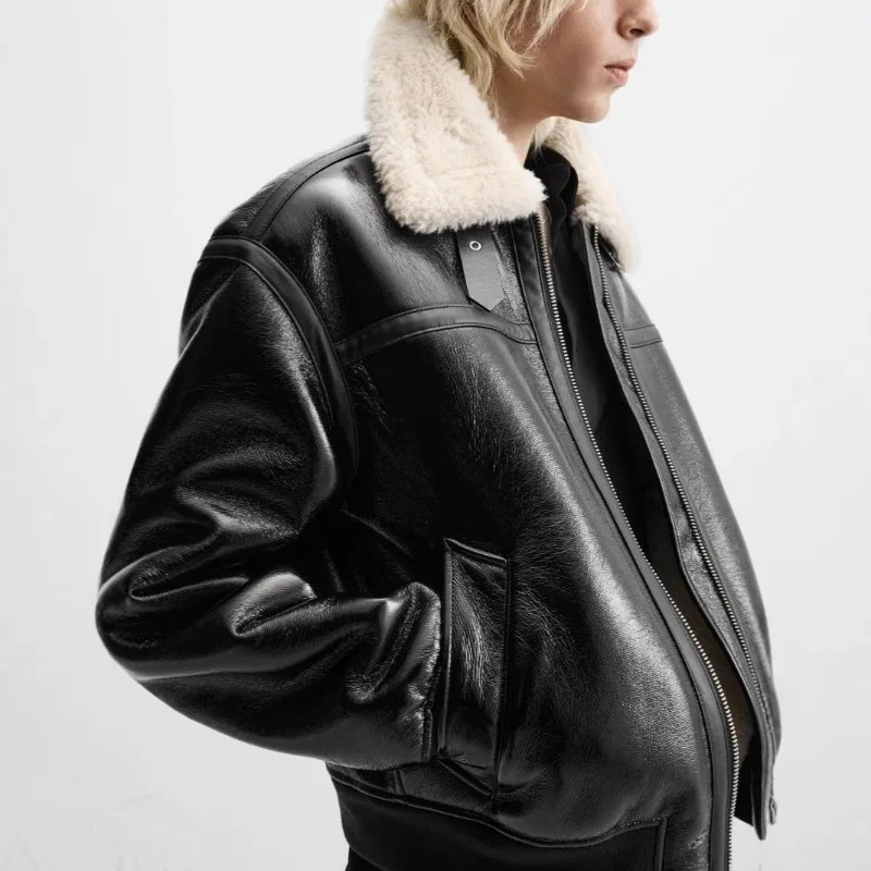 European and American mens retro collar short fur integrated PU leather jacket 241224