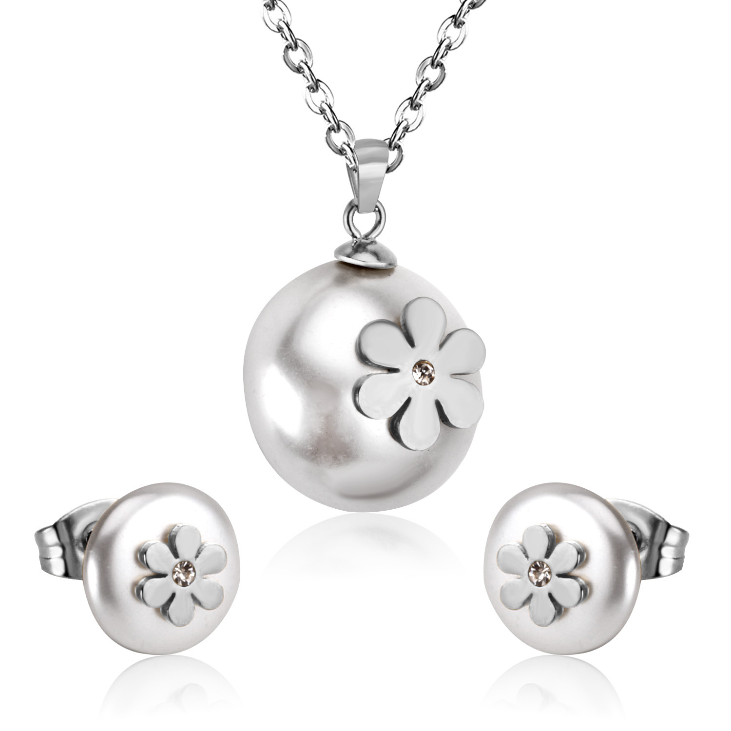 Hot Fashion Women Girls Silver Gold Stainless Steel Round Chain Color Bead Pendant Earrings Sets Jewelry Gift-image-1039297075