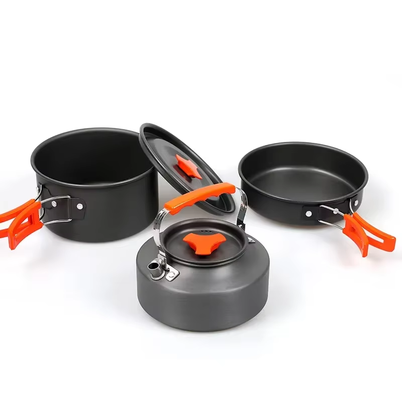 Outdoor aluminum camping pot set 2-3 person portable camping cookware kettle pot mess kit-image-1039279535