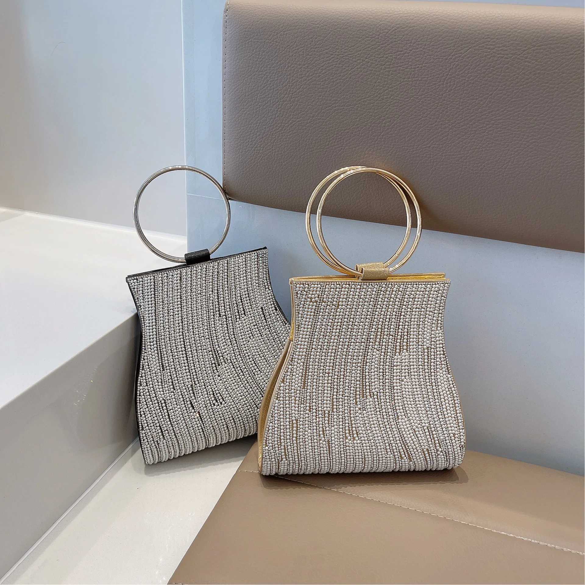 Evening Clutch Bag Pearl Water Diamond Crystal Wedding Party Banquet Wallet Round Handle Luxury Womens Handbag Z241225