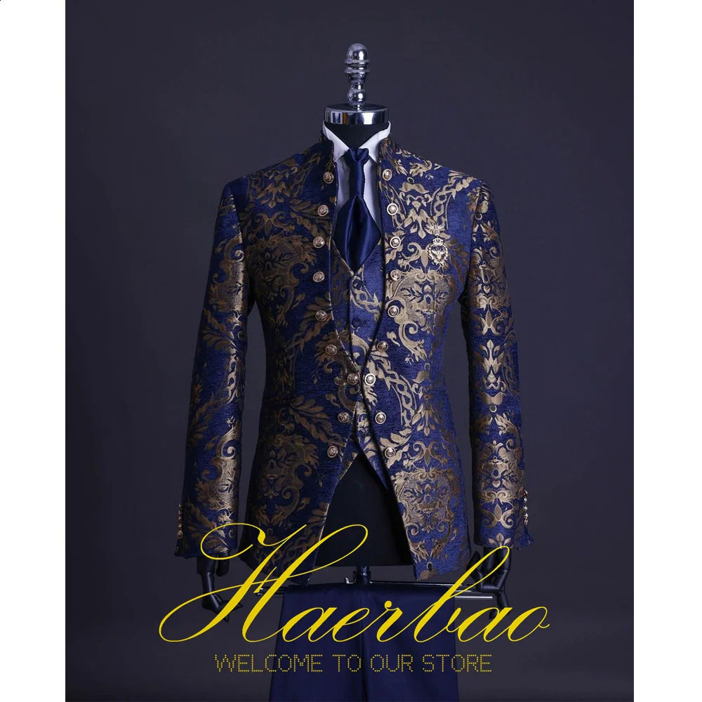 Men Suit Set Stand Collar Mens Wedding Suits Formal Groom Tuxedo Costume Handsome Blue Gold Floral Rim Stage 241223Z