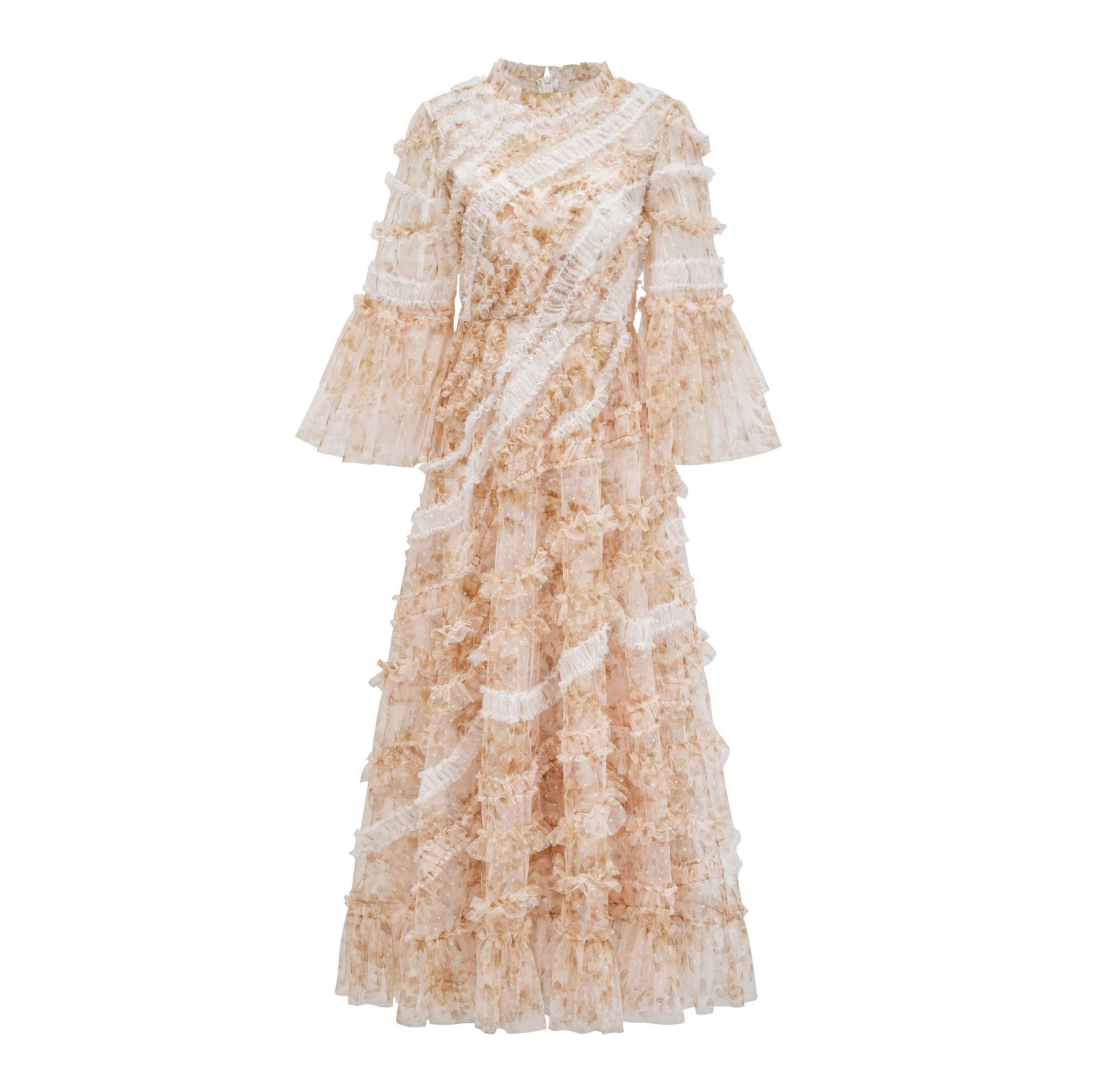 (35) Robe de banquet à la mode, jupe longue, col rond, épissage en maille, robe trapèze slim