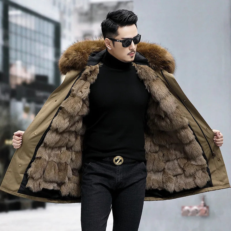 s 2023 Mens Thickened Warm Parka Mid Length Detachable Fur Lining Raccoon Collar Winter Fashion Coat 241223Z