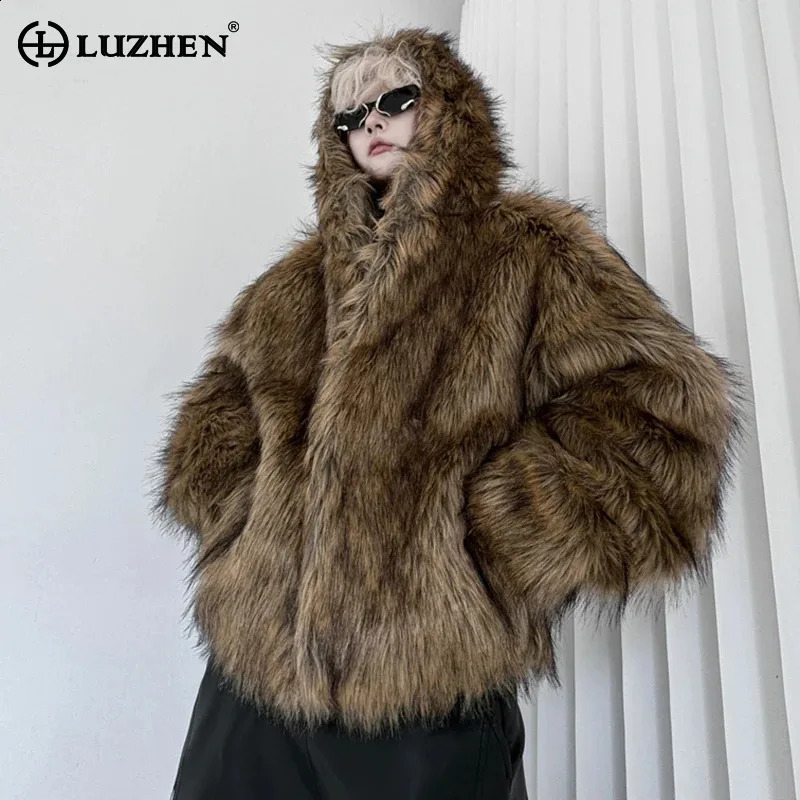LUZHEN Hooded Faux Fur Cotton Coats Trendy Vintage American Street Casual High Quality Clothing Men Winter Outerwear 2024 LZ6947 241223Z