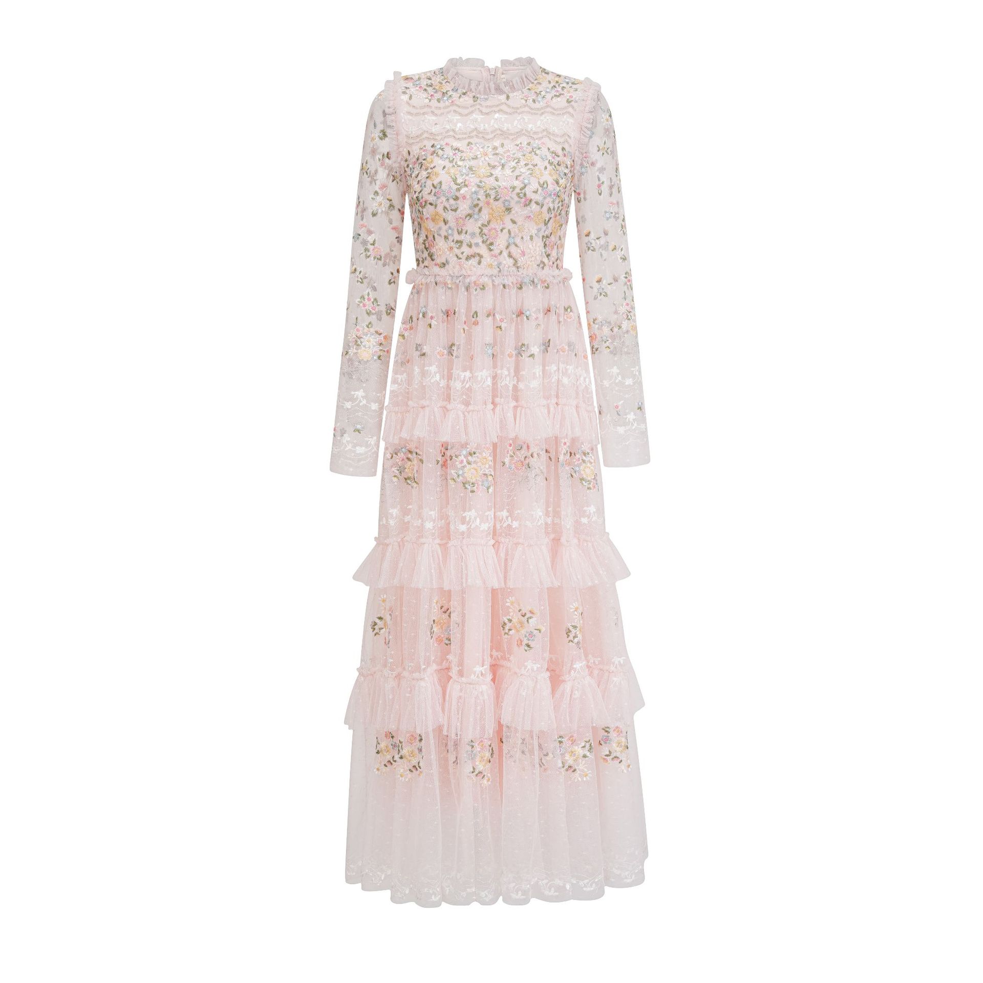 (23) Robe longue en maille de rêve avec broderie de fleurs, col rond, taille féerique