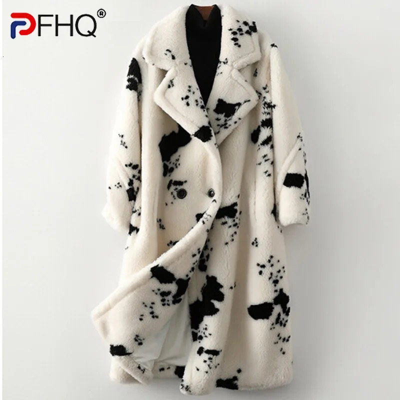 PFHQ Men Winter Warm Wool Fur Like Coat Sheep Sheared Loose Long Printed Fashion Casual Windbreaker Contrast Color 21Z7600 241223Z