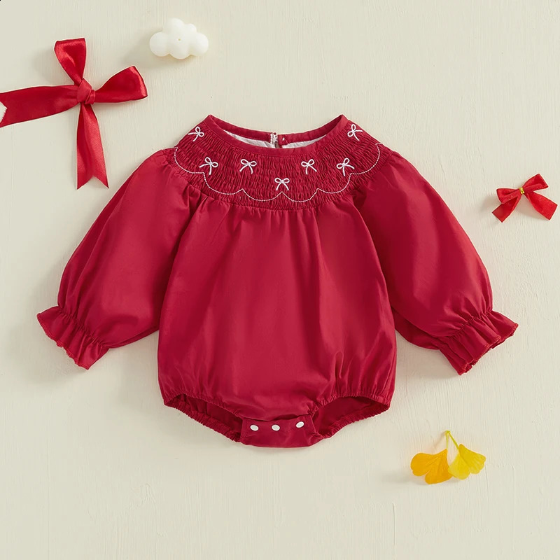 Toddler Baby Girl Romper Autumn Cute Bow Embroidery Smocked Round Neck Long Sleeve Bubble Jumpsuit for Infants born 241225