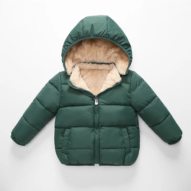 Winter ChildrenS Lamb Velvet Padded Jacket Pocket Zipper Boys Down Casual Hooded Baby Girl Thickened Coat Outwear 241225