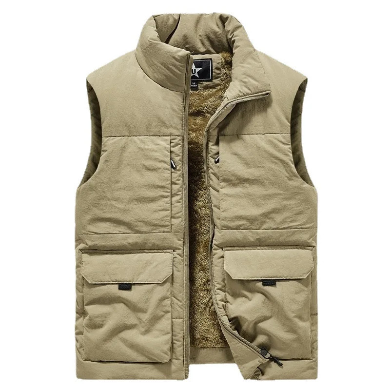 Autumn Winter Mens Cotton Vest Multi Pocket Casual Standing Collar Fleece Thickened Waistcoat Plus Size Outdoor Warm Cargo 241224Z