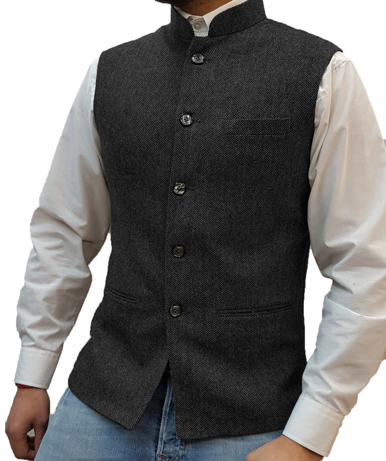 Mens Suit Vest Elegant Sleeveless Stand Collar Business Button Slim Fit Herringbone Waistcoat For Wedding 241224Z
