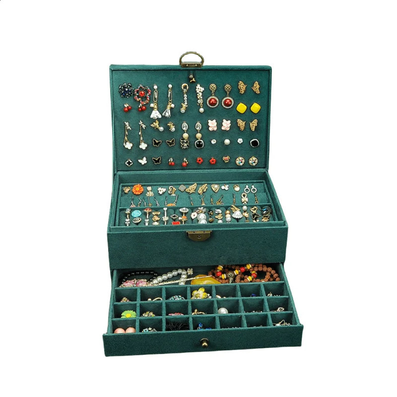 Retro High Quality Velvet Jewelry Box With Large Capacity Dark Green Color 4 Models 241225