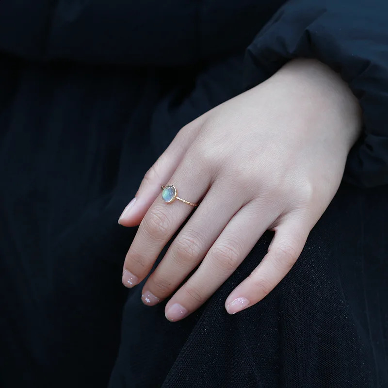 LAMOON 925 sterling silver ring Females oval Labrador gemstone 14k gold-plated exquisite jewelry simple style LMRI136 241226