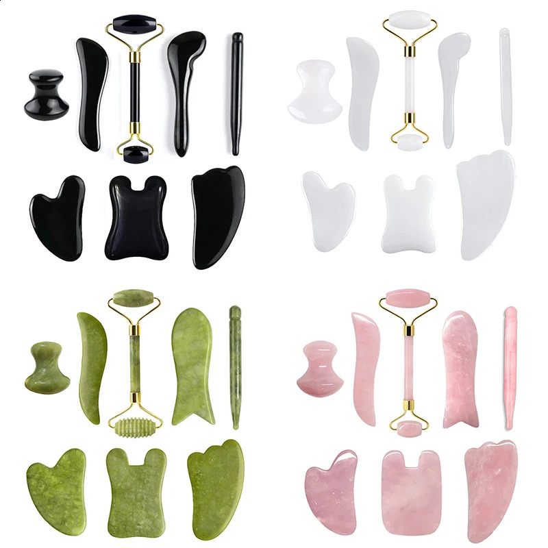 8pcs Natural Rose Quartz Jade Stone Guasha Board Set Scraping Massager Facial Lifting Spa Gouache Scraper Acupuncture Skin Care 241226