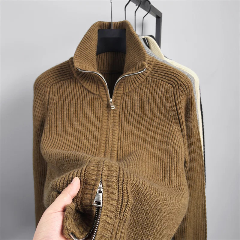 quality simple knitted cardigan stand up zipper solid color warm winter fashion version mens sweater 241224