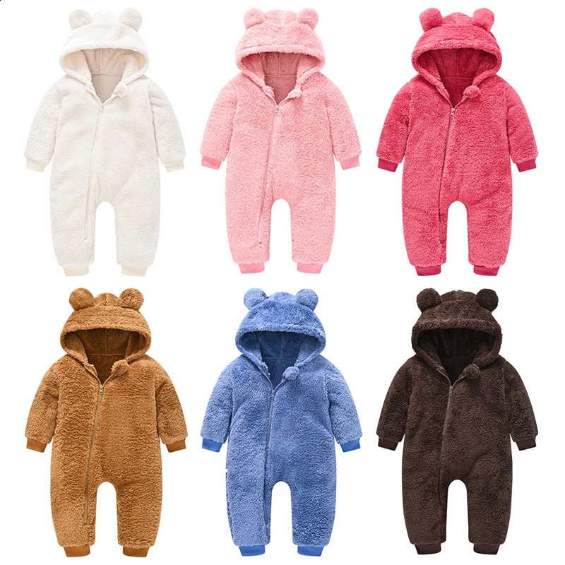 Cute Plush Bear Baby Rompers Toddler Girl Overall Jumpsuit Spring Autumn Hooded Zipper Boys Romper Infant Crawling Clothing 241225