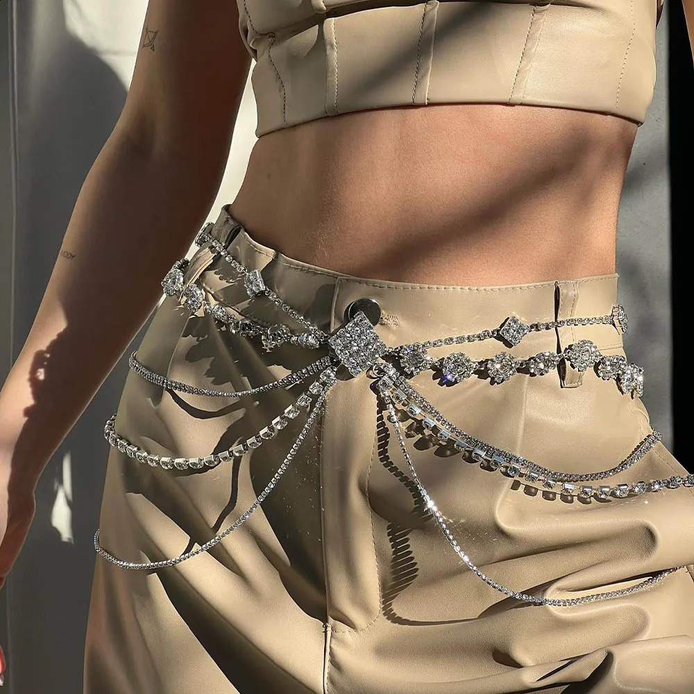 Stonefans Ins Fashion Geometry Waist Chain Hip Hop Body Accessories Sparkly Punk Gift Rhinestone Womens Nightclub Belt Chain 241225