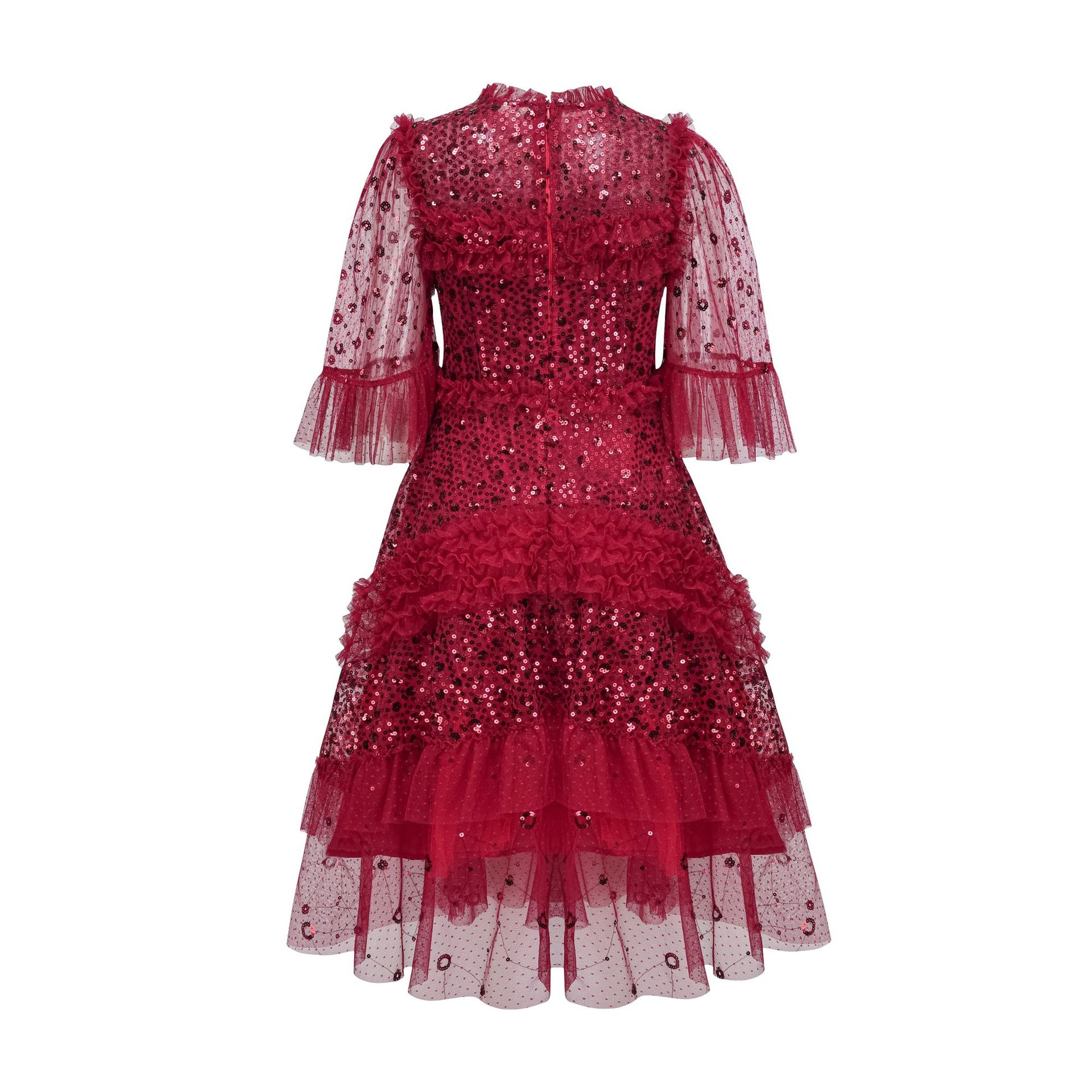 (39) Robe courte, col rond, jupe trapèze brillante, robe de fête d'anniversaire