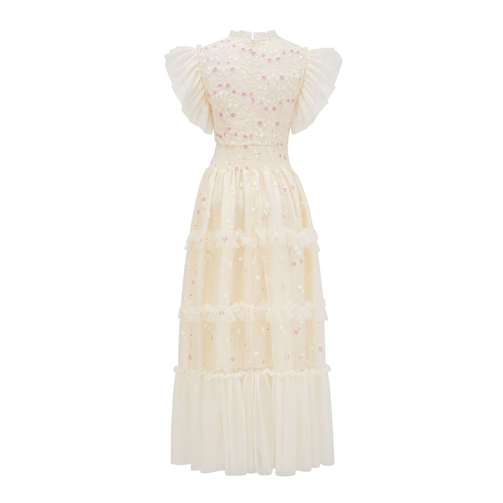 (469) Douce robe brodée, col mi-haut, tempérament doux, petite robe à fleurs, taille élastique, jupe longue, vêtements pour femmes