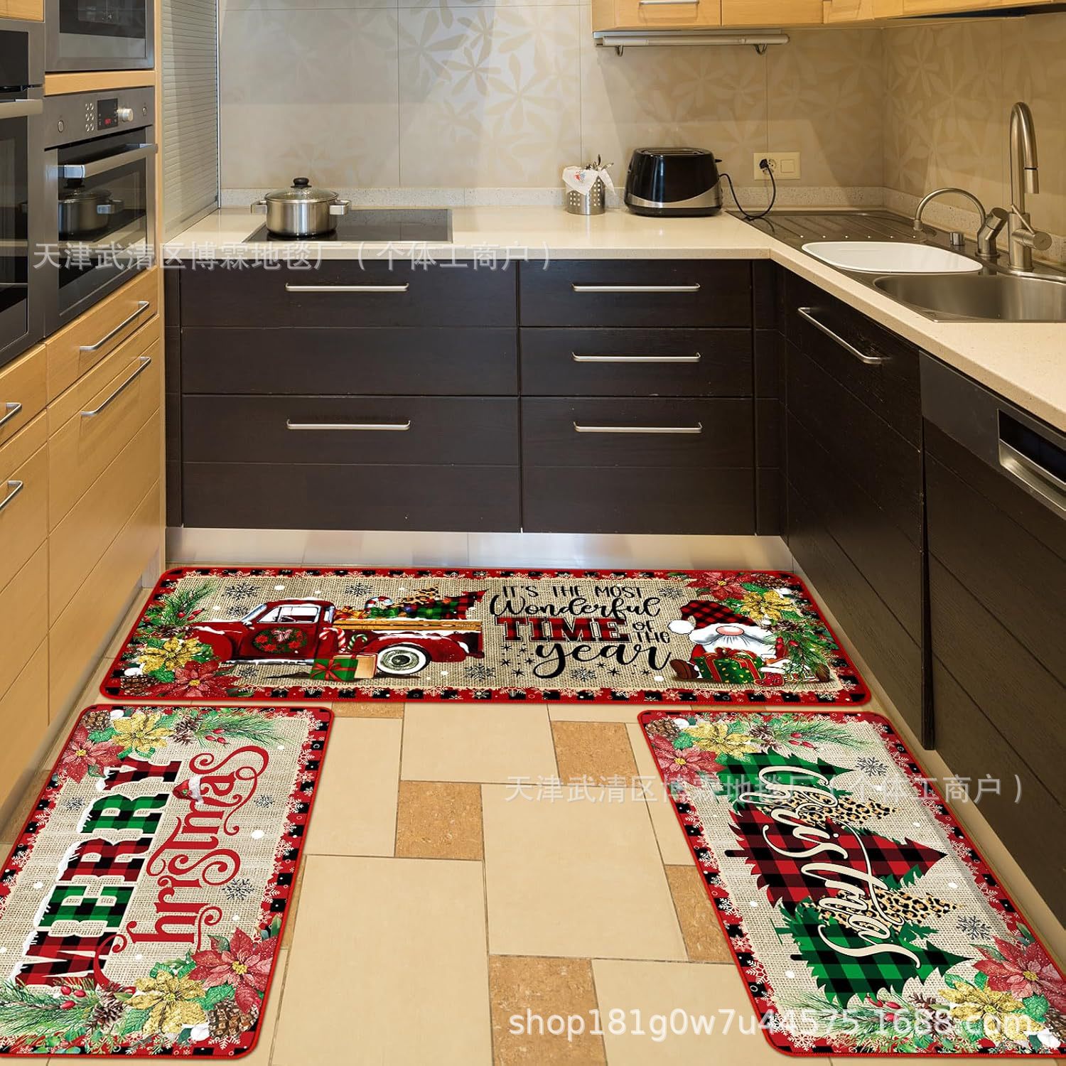 Kitchen Floor Mats Porch Door Mats Three-piece Christmas Decoration Floor Mats-image-1039599466