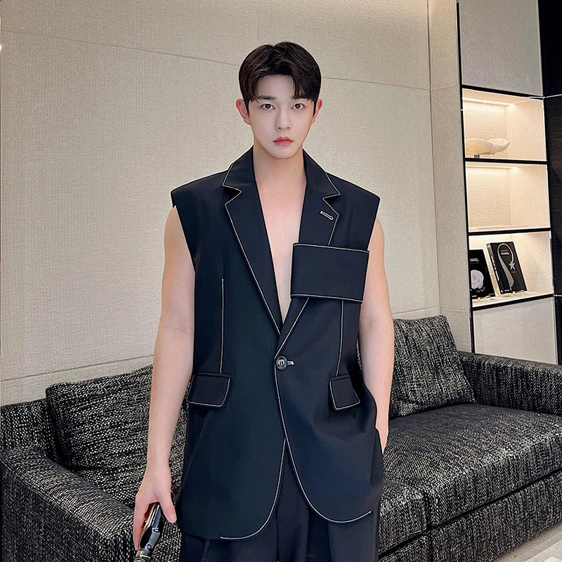 Personality Korean Fashion n Long Suit Vest Mens Casual Waistcoat Chic Style Sleeveless Jacket Gilet Homme 241224Z