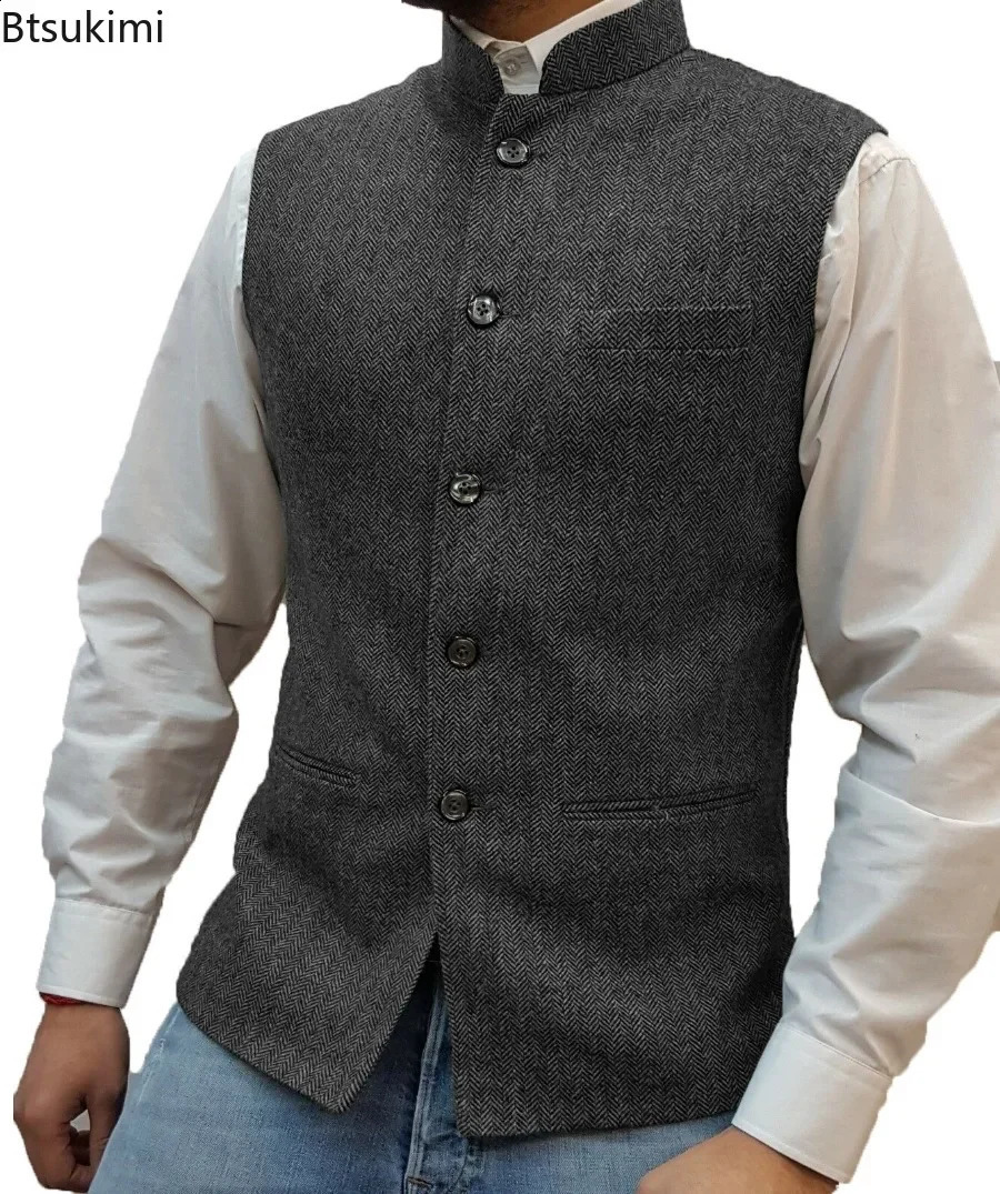 Vintage Mens Stand Collar Button Up Suit Vests Solid Slim Sleeveless Jackets Formal Business Party Wedding Vest Male Waistcoats 241224Z