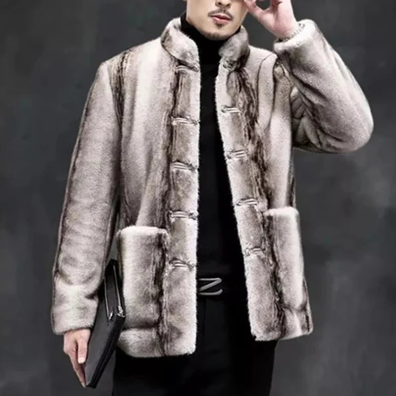 2023 Mens Fur Coat High Quality Thick Warm Winter Jacket Stand Collar Single Breasted Mans Faux Jackets and Coats Mink 241223Z