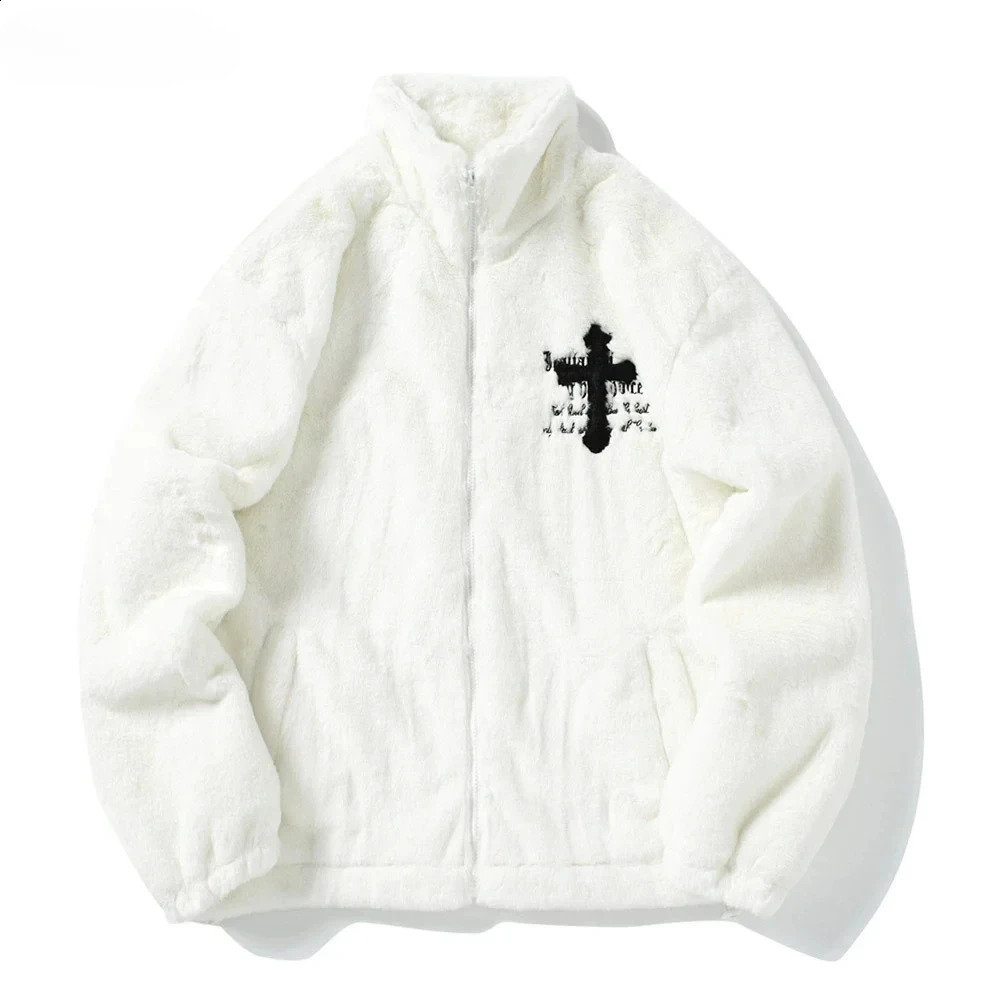 2024 Hip Hop Cross Letters Winter Mens Rabbit Fur Coat Fleece Street Casual Harajuku Zipper 241223Z