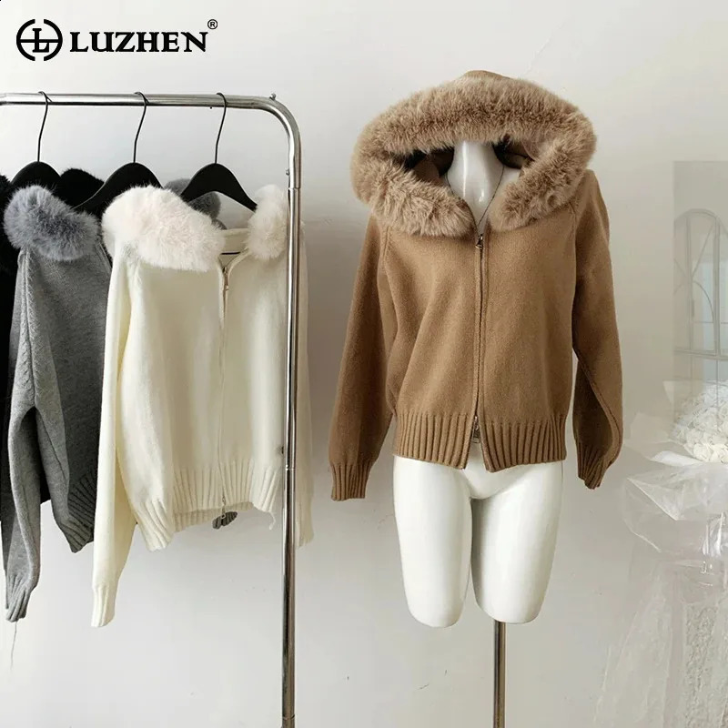 LUZHEN 2024 Winter Faux Fur Neck Hooded Knitted Coat Fashion Solid Color High Quality Warm Sweater Jacket Womens AA1950 241223Z