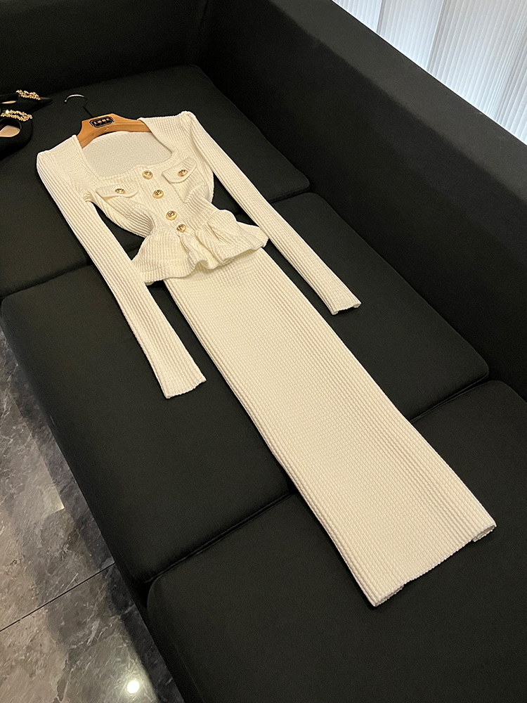 2026 Spring Blue B17 Solid Color Splicing Knitted Dress Long Sleeve Square Collar Button Single Row Casual Women's Skirt
