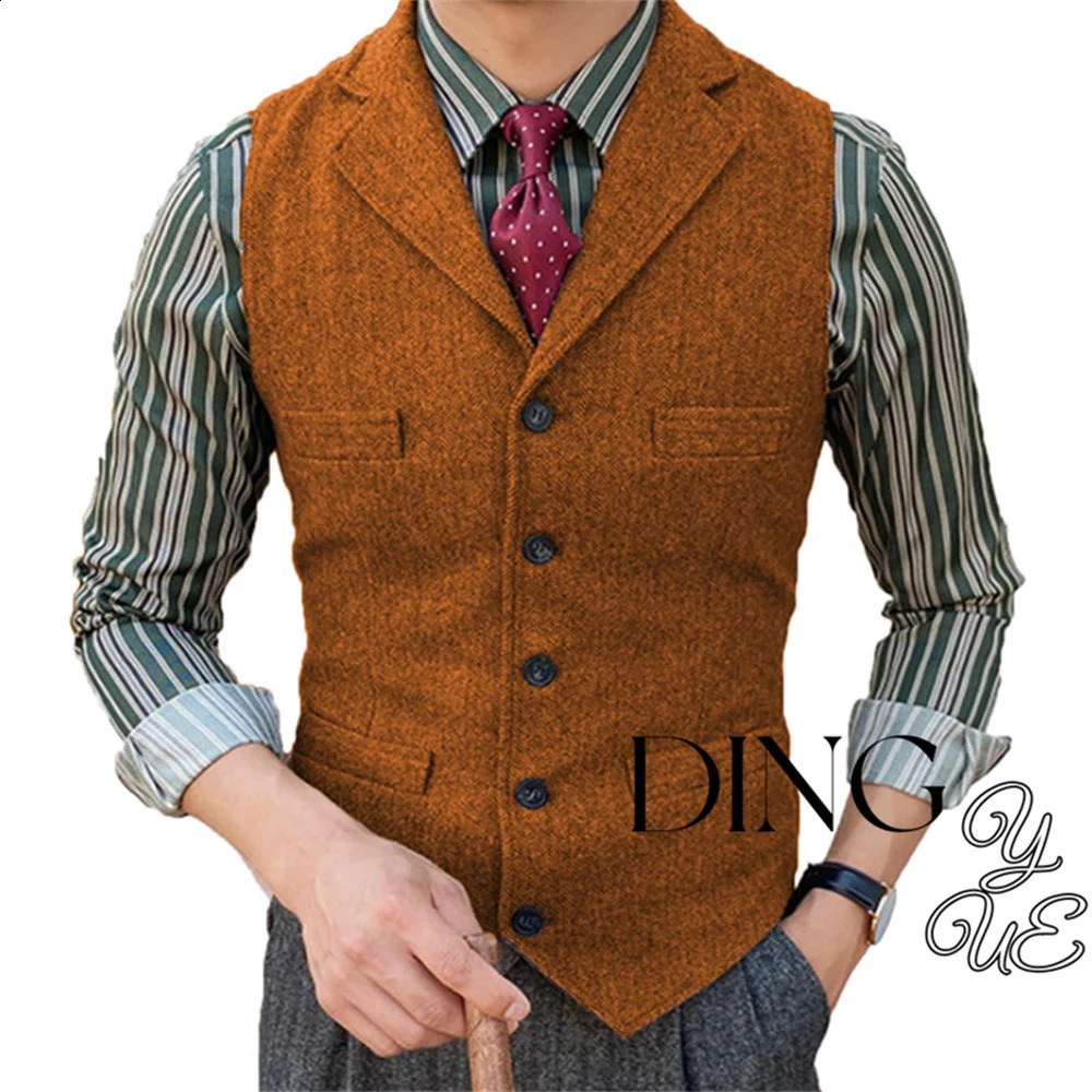 Herringbone Mens Suit Vest V Neck 5 buttons Woolen Vests Waistcoat Jacket 3 Pockets Casual Formal Business chaleco hombre 241224Z
