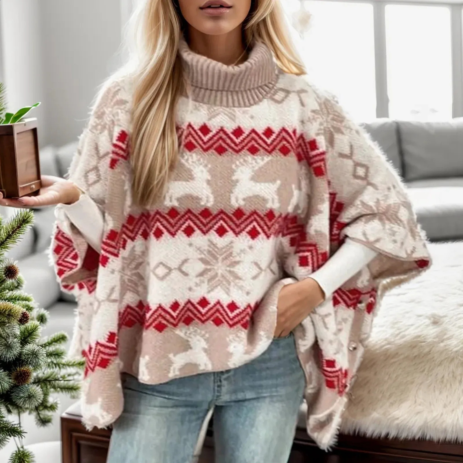 WomenS Christmas Oversized Sweater Novelty Autumn Winter Turtleneck Bat Sleeved Knit Pullover Festival Women Clothing 241223Z