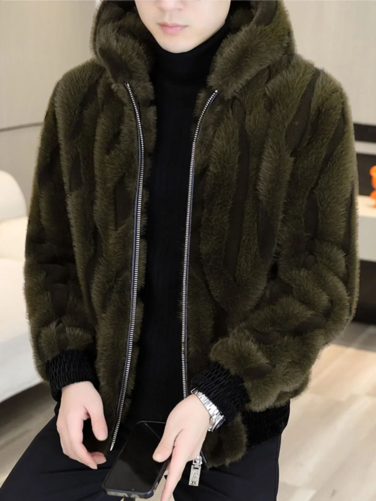 2024 Winter Men Faux Fur Hooded Coats Mens Korean Thick Warm Short Jackets Male Solid Color Outerwear G621 241223Z