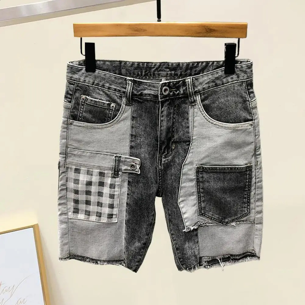 Patchwork Color Denim Shorts Summer Mens with Multiple Pockets Baggy Ripped Jeans Streetwear Style for Casual Wear 241227
