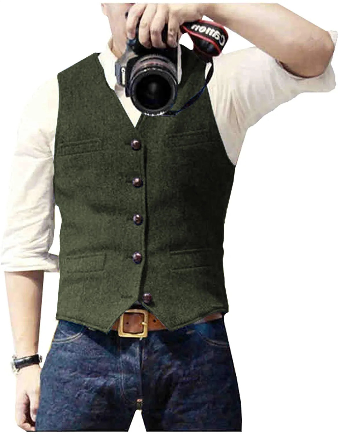 Mens Suit Vest Military Green Single Breasted Blended Men Denim Jeans Waistcoat Jacket Slim Fit Casual Formal Business 241224Z