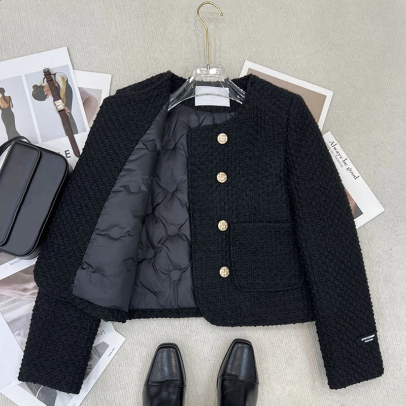 Black Down Cotton Jacket Womens Autumn Winter Doublebreasted Elegant Casual Short Chic Top Coat ONeck Tweed Warm Outwear Lady 241227Z