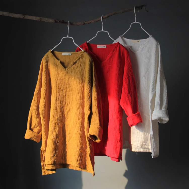 (63) Cloth double-layer simple long-sleeved shirt 3 colors Retro pullover long-sleeved T-shirt