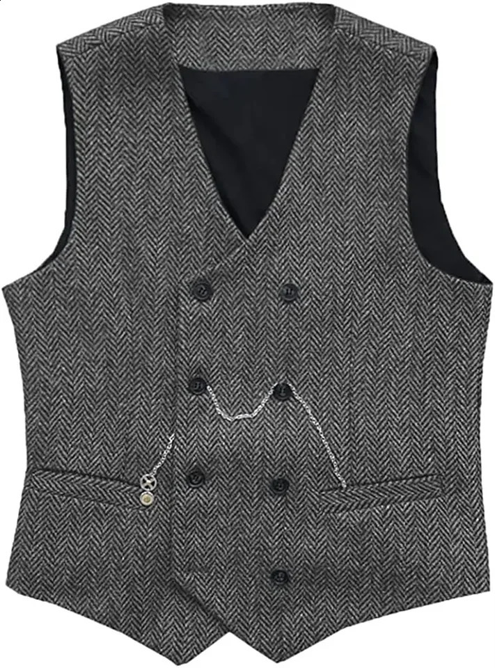 V Neck Mens Suit Vests Gray Herringbone Wool Tweed Double Breasted Waistcoat Tuxedo Groomsmen For Wedding Groom Vest 241224Z