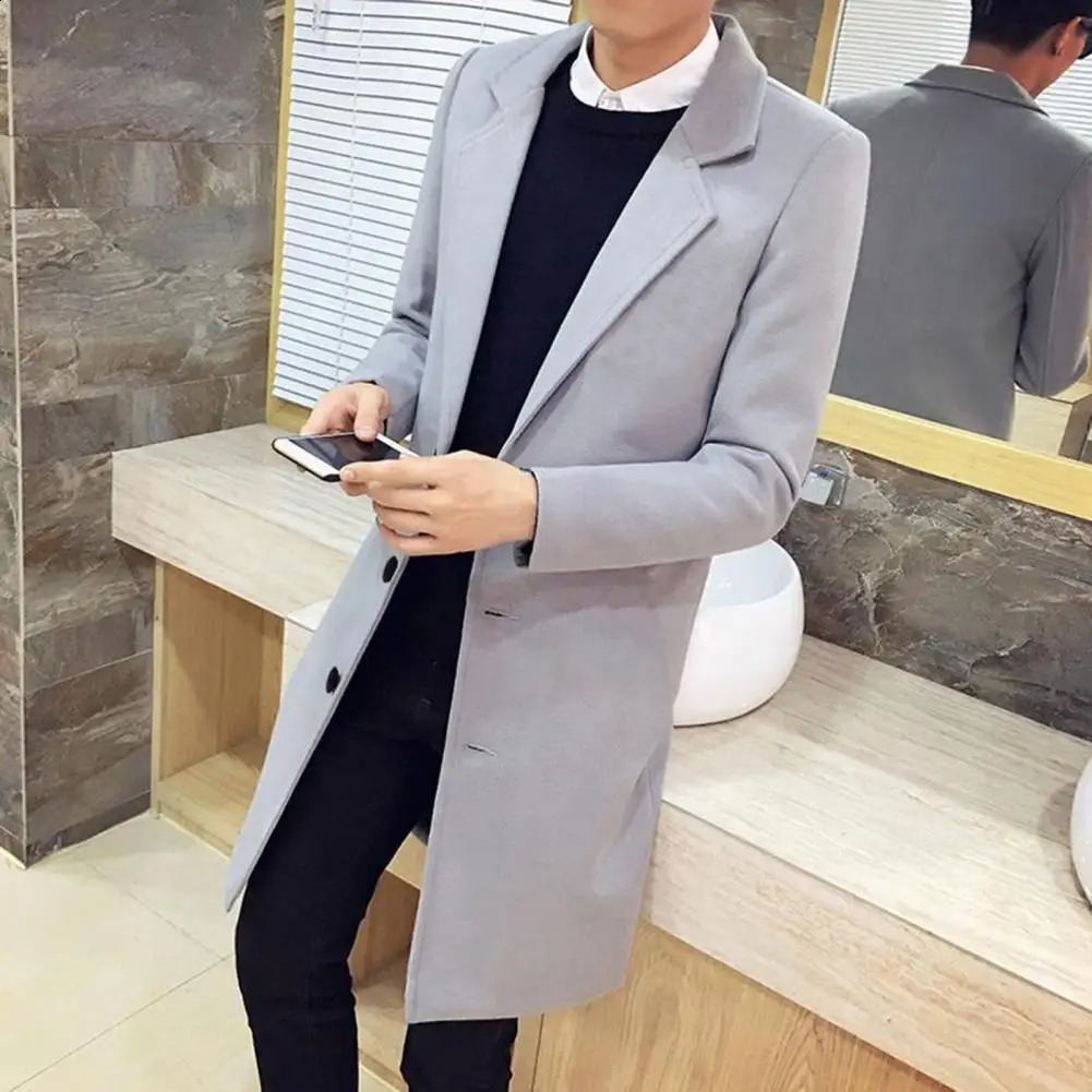 Wool Coat Stylish Mens Lapel for Fall Winter Business Attire Solid Color Mid Length Cardigan with Long Sleeves 241220Z