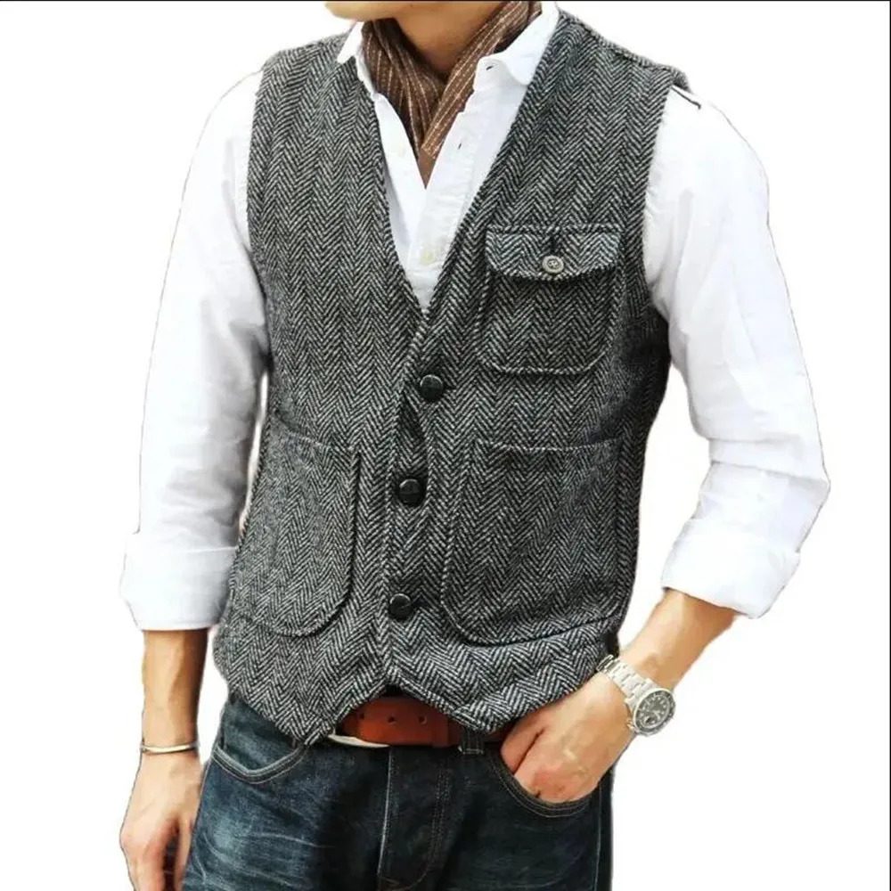 Mens Business Suit Vest Herringbone Tweed V Neck Formal Waistcoat for Wedding or Tuxedo 241224Z