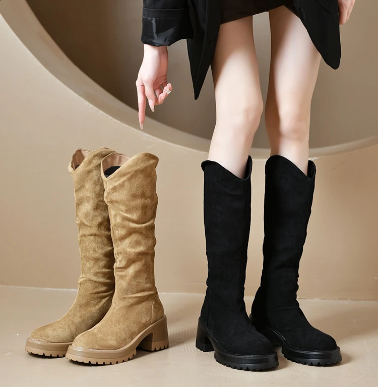 Soring Autumn Style Womens High Heel Long Boots Rubber Material Niche British Style 241227