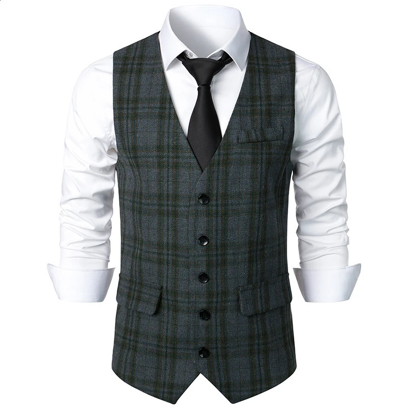 Mens Formal Suit Vest VNeck Tweed Herringbone Waistcoat Business Dress Vests for Wedding 241224Z