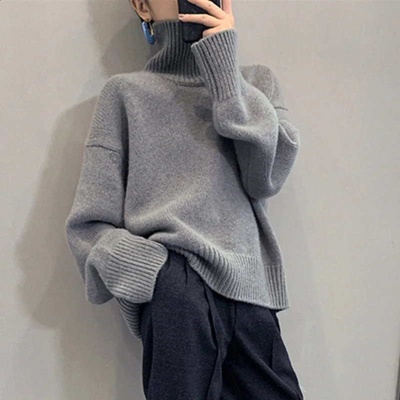 Womens Turtleneck Sweater Oversize Winter Vintage Knitted Red Pullover Women Soft Gray Warm For 2024 241223Z