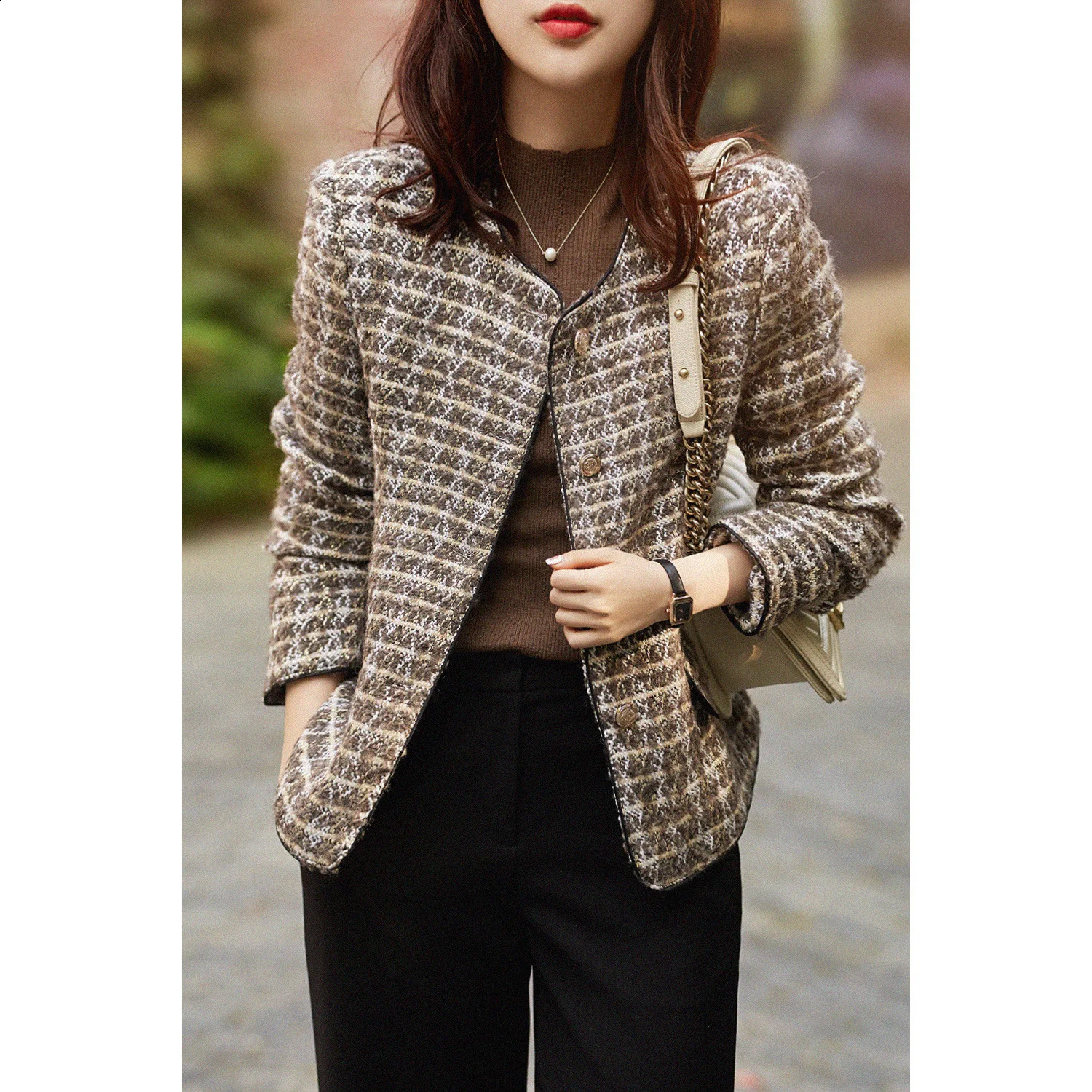 Women Small Wool Coat 2024 Autumn And Winter Grey Tweed Short Womens Top Jacket Victorian 241224Z