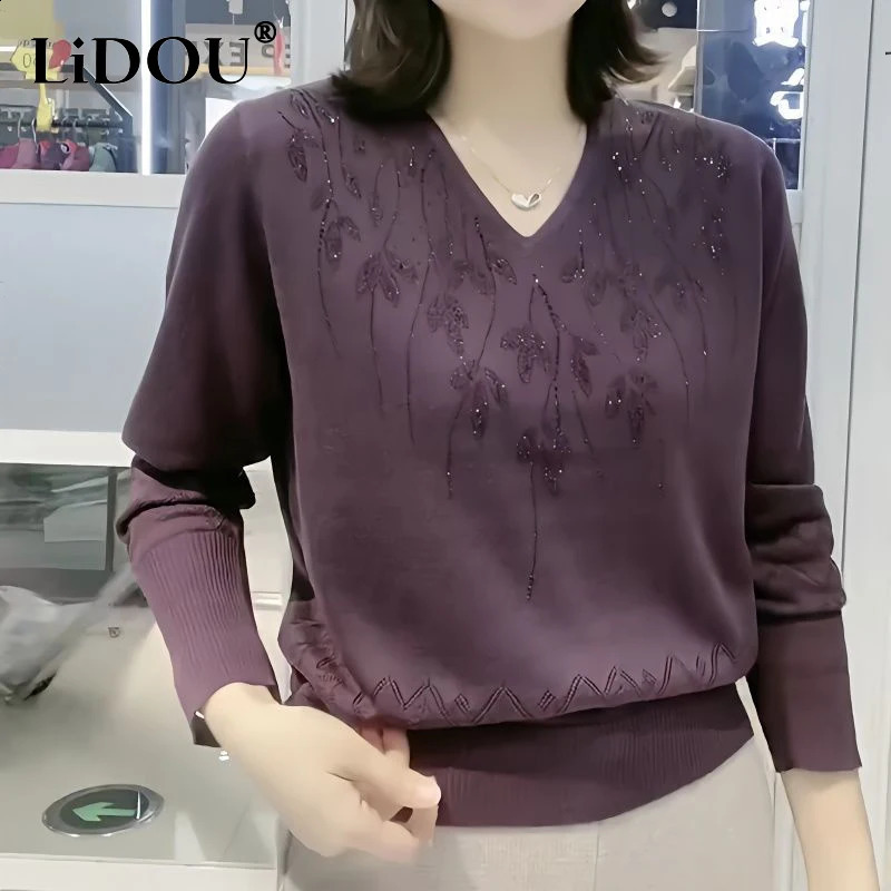 Autumn Winter Oversized Vneck Diamonds Casual Fashion Sweaters Female Jumper Top Ladies Knitting Pullover Womens Clothing 241223Z