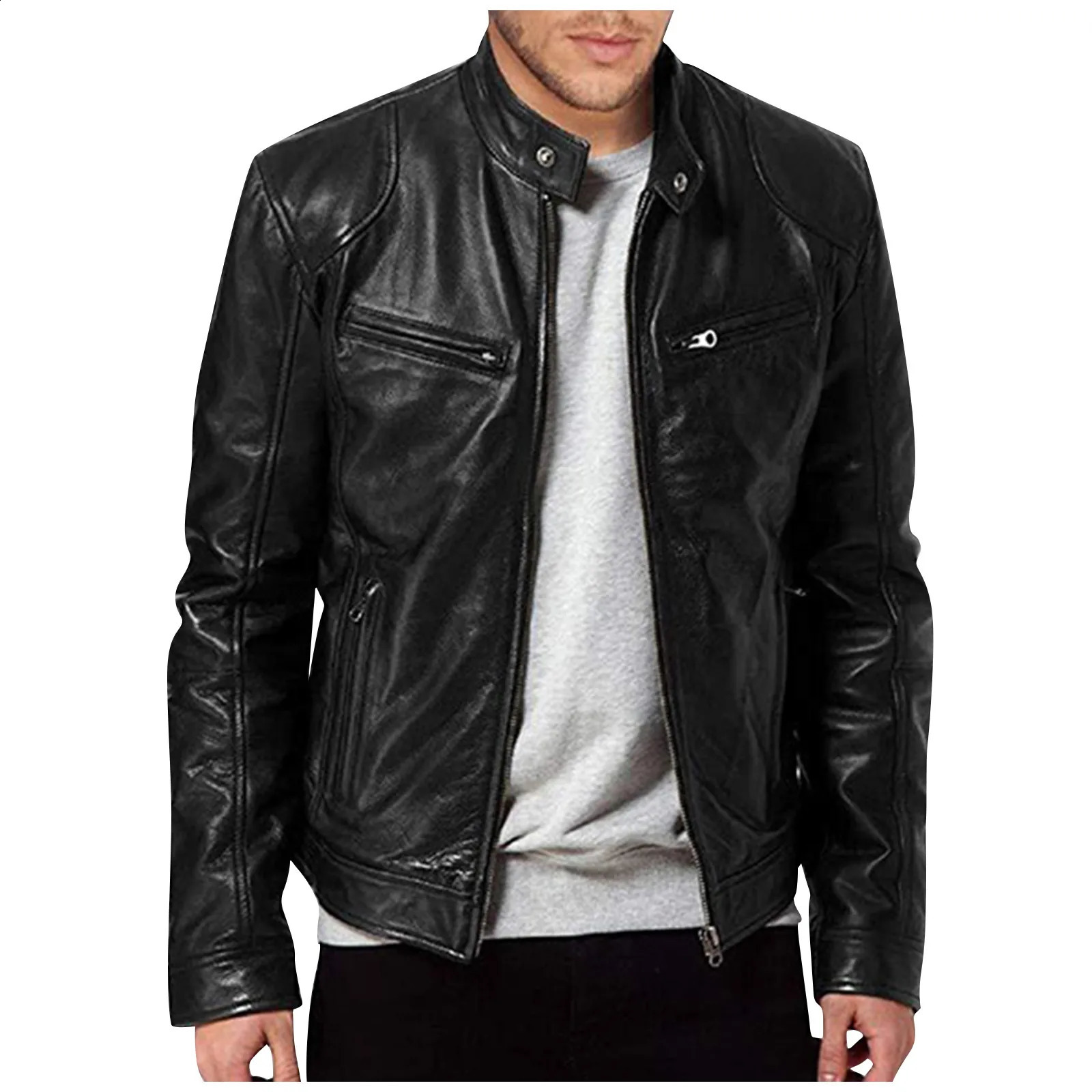 Mens Motorcycle Leather Jacket Slim Fit ShortCoat Lapel PU Jackets Autumn Zipper Stand Windproof Coat Clothing 241220Z