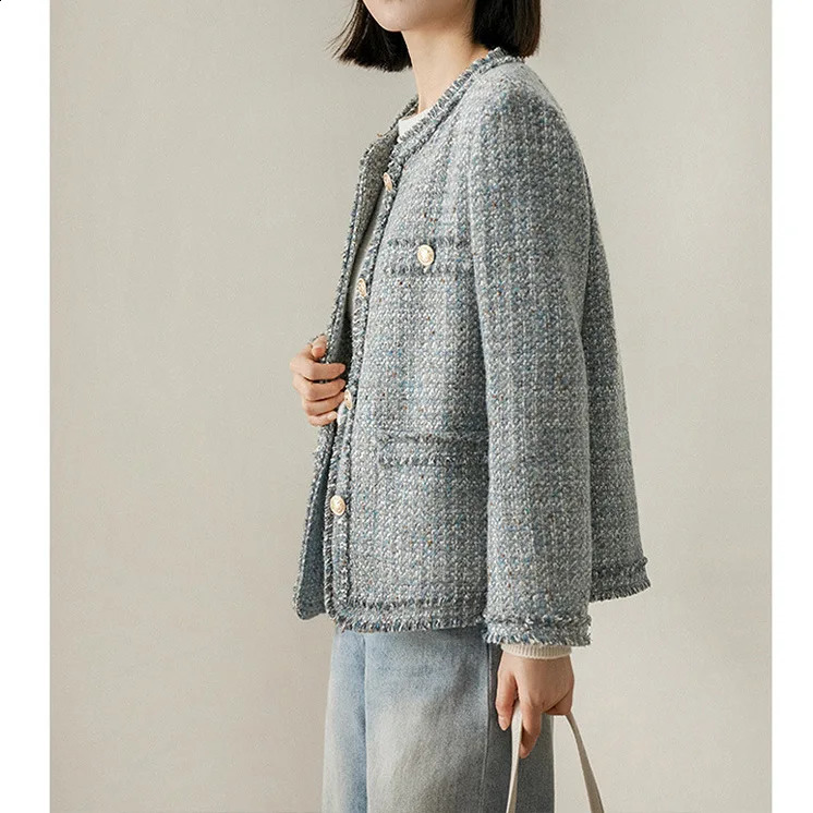 Wool Highend Fringed Small Fragrant Coat Bluegray Tweed Jacket 2024 Spring French Short Womens Clothing 241224Z